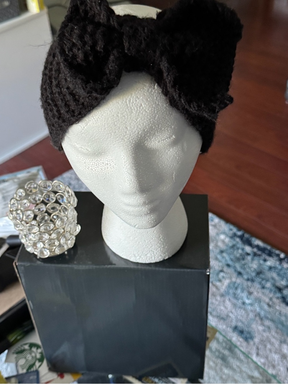 Cozy Black Knit Bow Headwrap for Women
